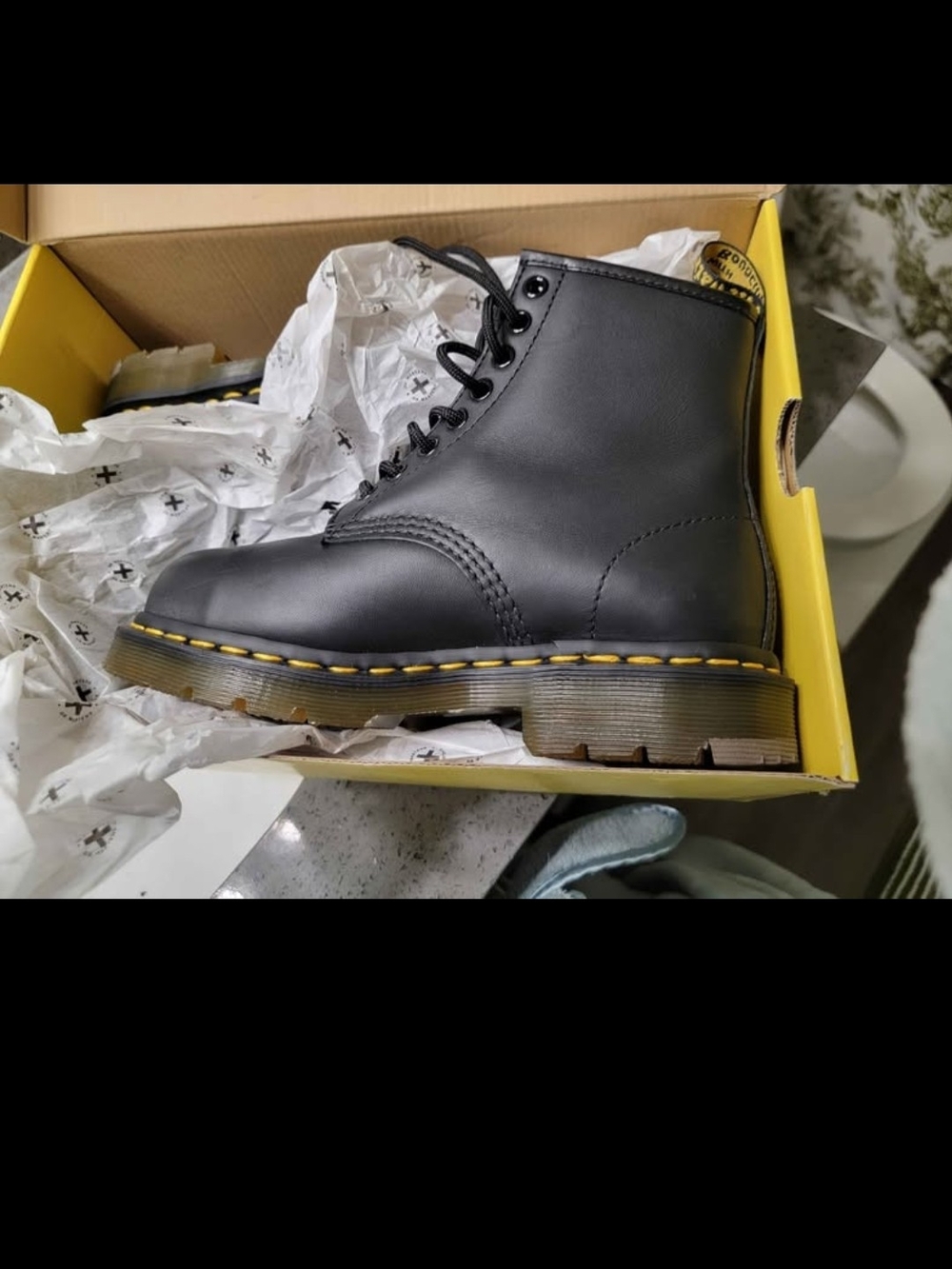 Dr. Martens Black Leather Steel Toe 8-Eye Lace-Up Boots with Yellow Welt